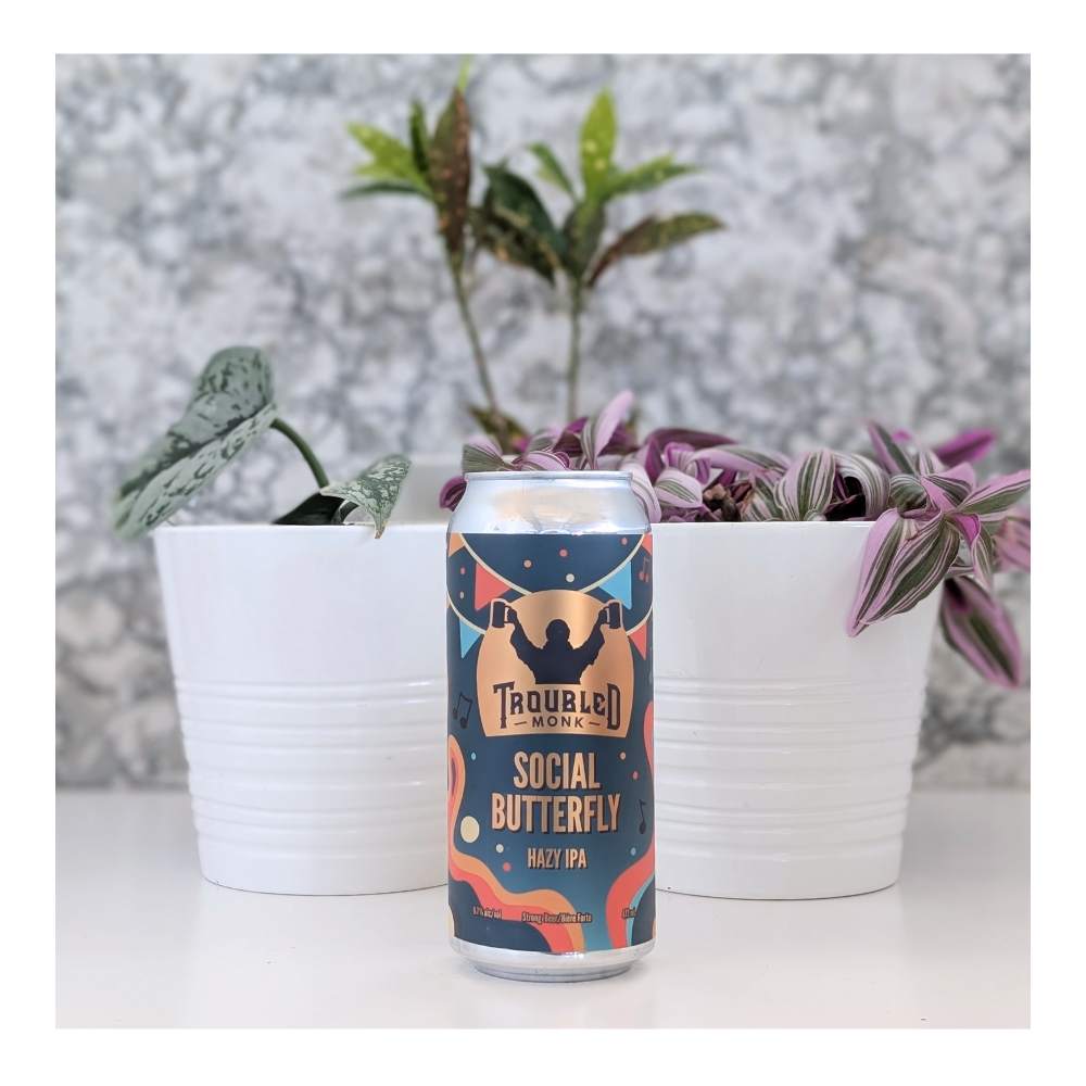 Social Butterfly Hazy IPA by Troubled Monk Brewery, beer label