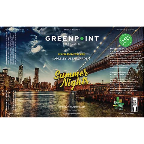Greenpoint Summer Nights Lager by Greenpoint Beer & Ale Co., beer label