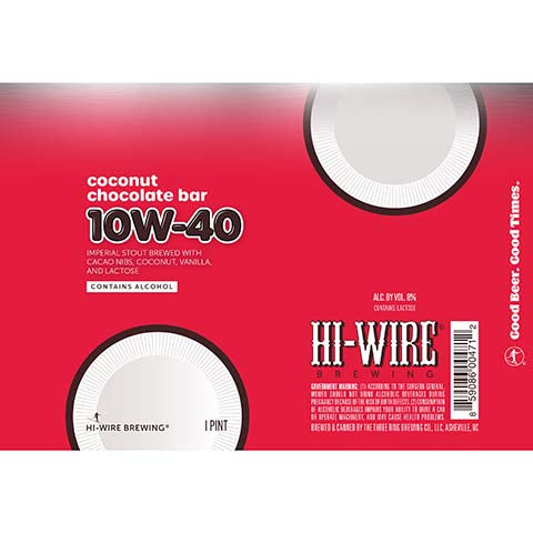 Hi-Wire Brewing Coconut Chocolate Bar 10W-40 Imperial Stout by The Bruery, beer label