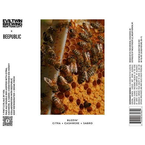 Evil Twin Buzzin' Citra + Cashmere + Sabro Pale Ale by Evil Twin Brewing, beer label