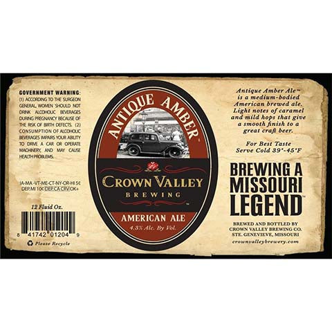 Crown Valley Antique Amber Ale by Crown Valley Brewing, beer label