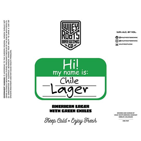 Wiley Roots Hi! My Name Is: Chile Lager by Wiley Roots Brewing Co, beer label