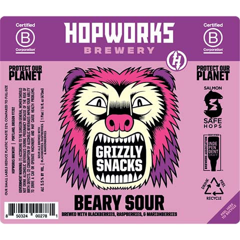 Hopworks Grizzly Snacks Beary Sour by Hopworks Urban Brewery, beer label