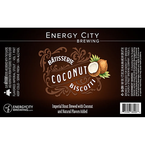 Energy City Batisserie Coconut Biscotti Imperial Stout by Energy City Brewing, beer label