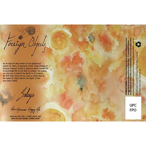Foreign Objects Solarys Hoppy Ale by Foreign Objects Beer Company, beer label