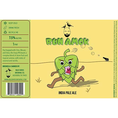 Bald Birds Run Amok IPA by Bald Birds Brewing Co., beer label
