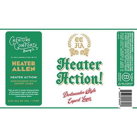 Creature Comforts Heater Action! Lager by Creature Comforts Brewing Co., beer label