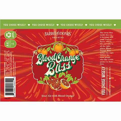Barrel of Monks Blood Orange Bliss Sour Ale by Barrel of Monks Brewing, beer label