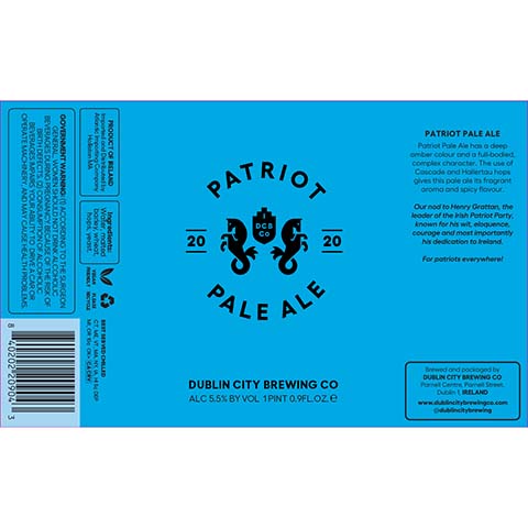 Dublin City Patriot Pale Ale by Dublin City Brewing Co., beer label