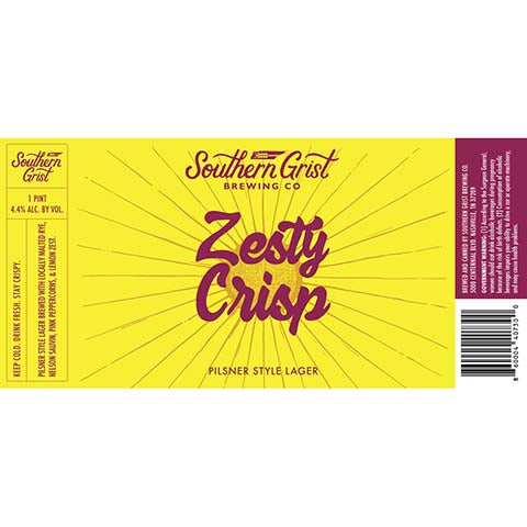 Southern Grist Zesty Crisp Pilsner Style Lager by Southern Grist Brewing Company, beer label