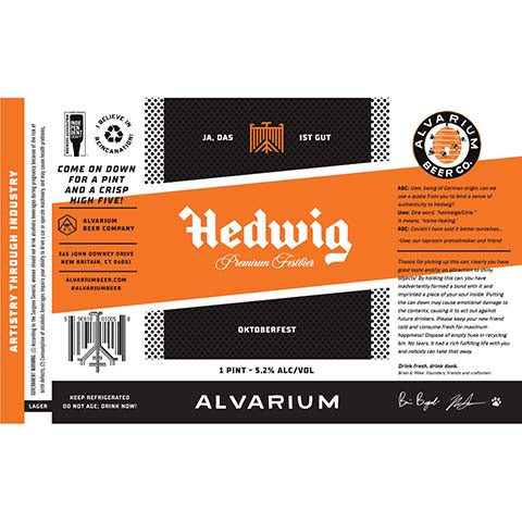 Alvarium Hedwig Premium Festbier by PCS Distilling Company, beer label