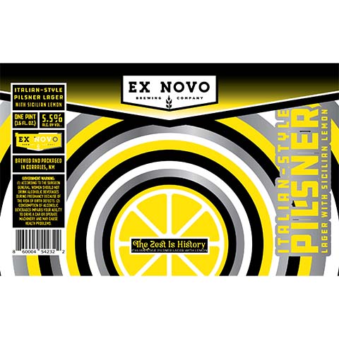 Ex Novo The Zest Is History Pilsner Lager by Ex Novo Brewing Co, beer label