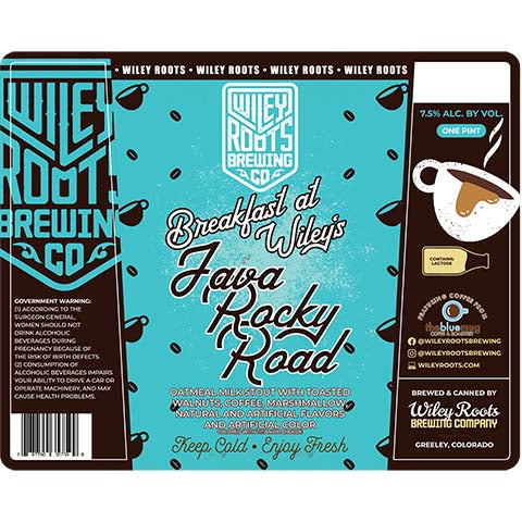 Wiley Roots Breakfast at Wiley's Java Rocky Road Oatmeal Milk Stout by Wiley Roots Brewing Co, beer label