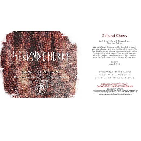 Sapwood Cellars Sekund Cherry Dark Sour Ale by Sapwood Cellars, beer label