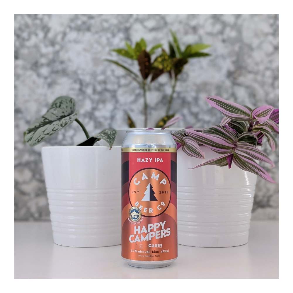 x Cabin Brewing Co. Happy Campers Hazy IPA by Camp Beer Co., beer label