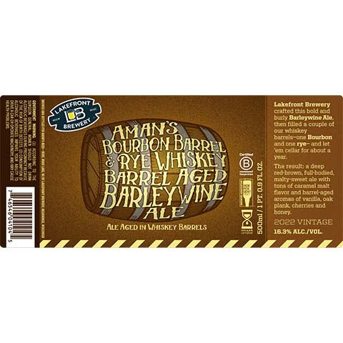 Lakefront Aman's Bourbon Barrel & Rye Whiskey Barrel Aged Barleywine Ale by Lakefront Brewery Inc, beer label