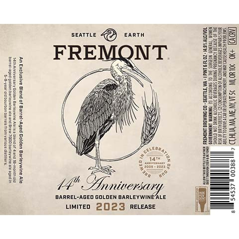 Fremont 14th Anniversary Barleywine Ale by Fremont Brewing Co, beer label