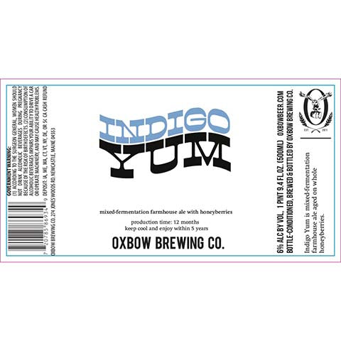 Oxbow Indigo Yum Farmhouse Ale by Oxbow Brewing Co, beer label