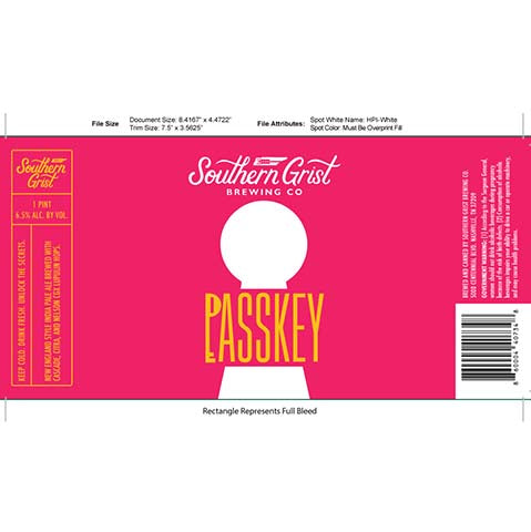 Southern Grist Passkey IPA by Southern Grist Brewing Company, beer label