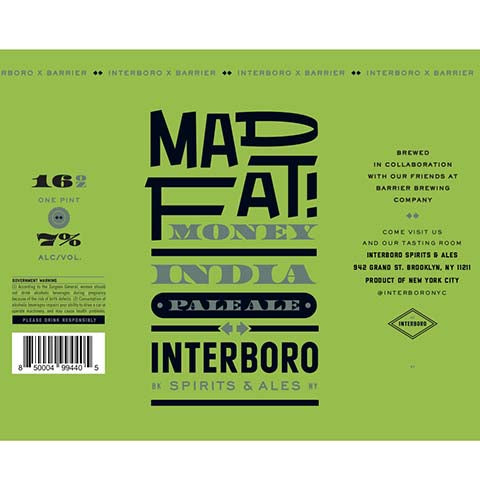 Interboro/Barrier Mad Fat! Money IPA by Interboro Spirits And Ales, beer label