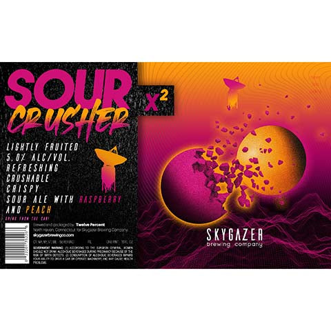 Skygazer Sour Crusher x2 Raspberry and Peach Sour Ale by SKYGAZER Brewing Co, beer label