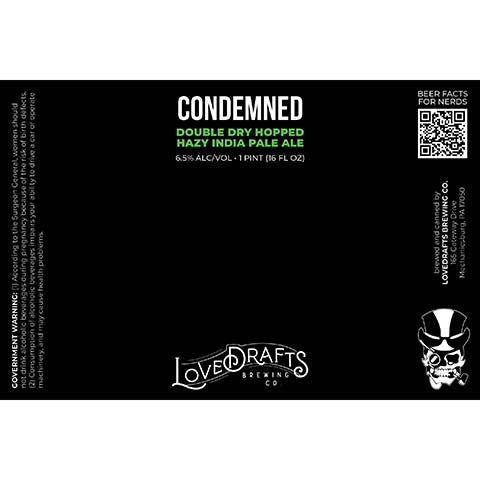 Lovedrafts Condemned Double Dry Hopped Hazy IPA by Lovedrafts Brewing Co., beer label