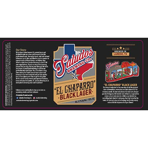 Saludos El Chaparro Black Lager by Saludos Brewing Co., beer label