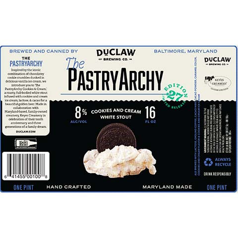 Duclaw The PastryArchy Cookies and Cream White Stout by DuClaw Brewing Company, beer label