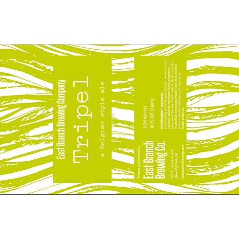 East Branch Tripel by East Branch Brewing Company, beer label