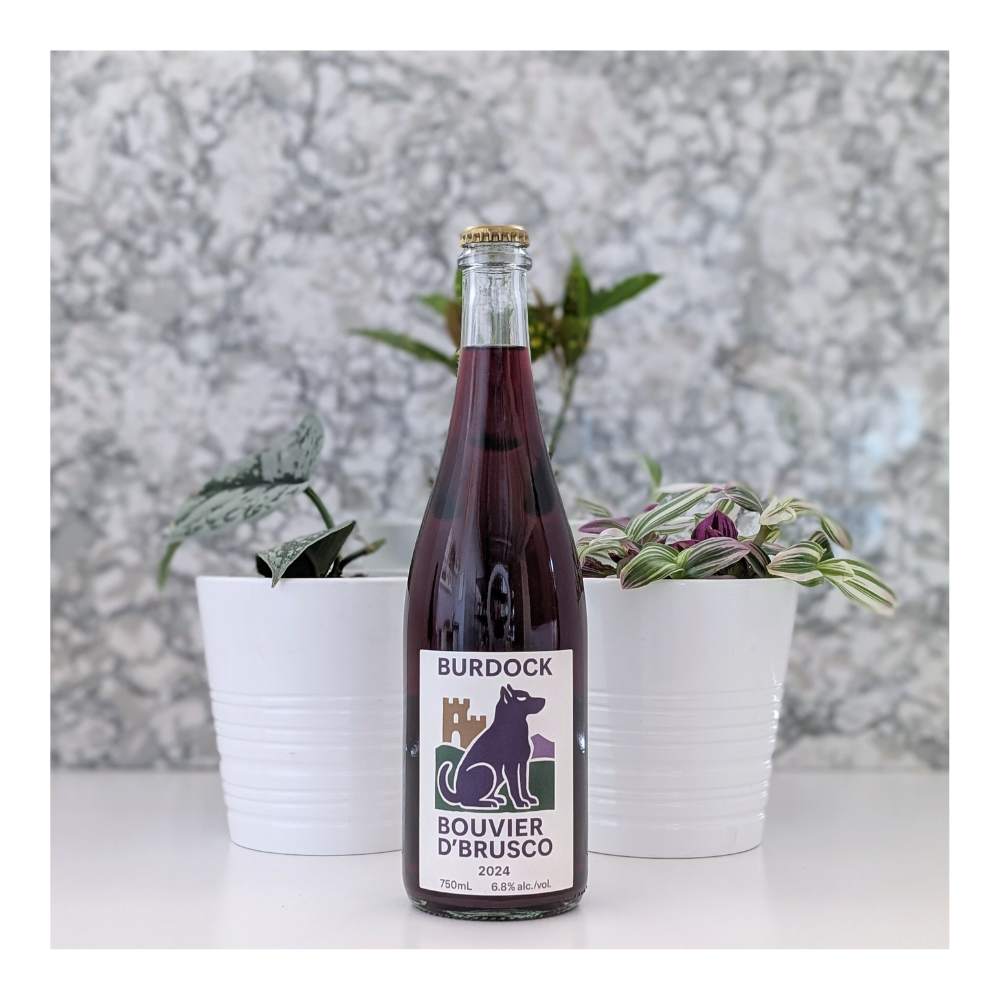 Bouvier D'Brusco Cab Franc Rose Grape Ale by Burdock, beer label