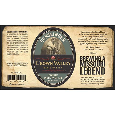 Crown Valley Gunslinger DIPA by Crown Valley Brewing, beer label