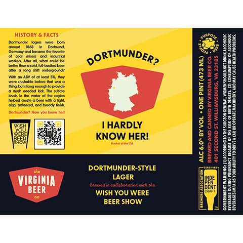 The Virginia Beer Dortmunder? I Hardly Know Her! Lager by The Virginia Beer Company, beer label