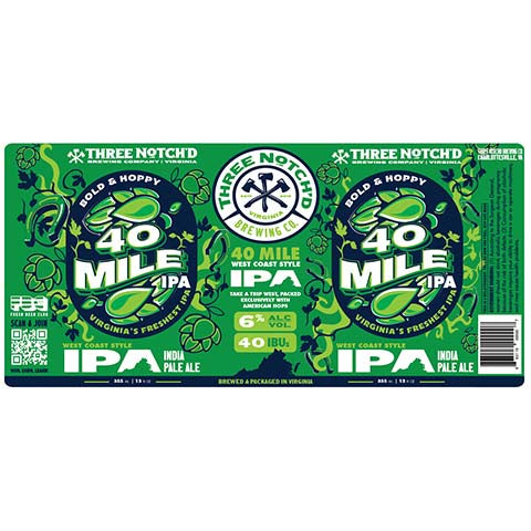 Three Notch'd 40 Mile IPA by Three Notch'd Brewing Company, beer label