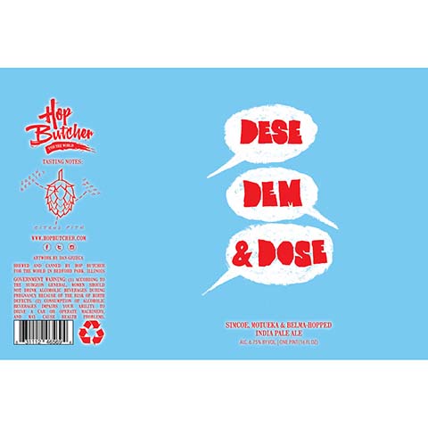 Hop Butcher Dese Dem & Dose IPA by Hop Butcher For the World, beer label