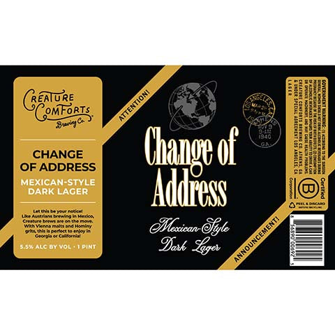 Creature Comforts Change of Address Dark Lager by Creature Comforts Brewing Co., beer label