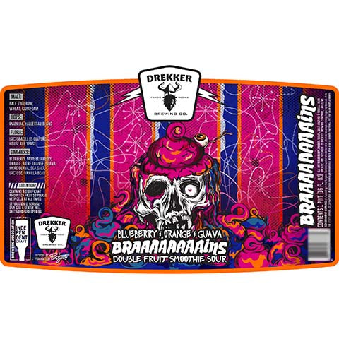 Drekker Blueberry Orange Guava Braaaaaaaaains Double Fruit Smoothie Sour by Drekker Brewing Company, beer label