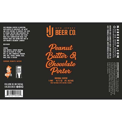 New Jersey Peanut Butter & Chocolate Porter by New Jersey Beer Co, beer label