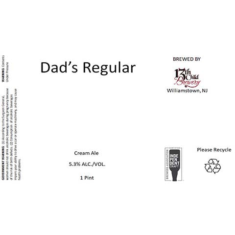 13th Child Dad's Regular Cream Ale by 13th Child Brewery, beer label