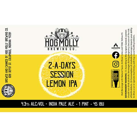 Hog Molly 2-A-Days Session Lemon IPA by Hog Molly Brewing Co., beer label