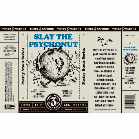 Three Taverns Slay The Psychonut Coffee Milk Stout by Three Taverns Craft Brewery, beer label