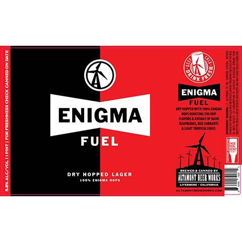 Altamont Enigma Fuel Lager by Altamont Beer Works, beer label