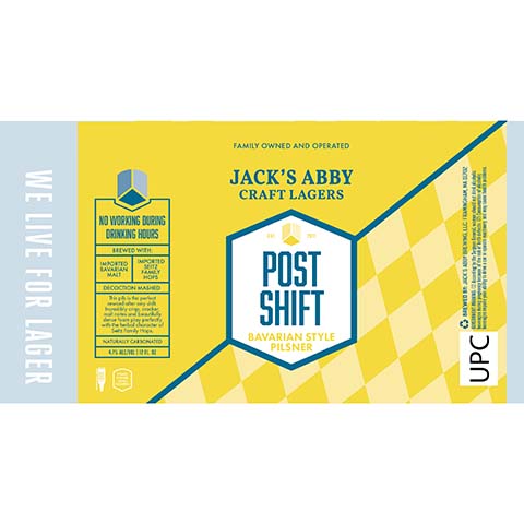 Jack's Abby Post Shift Pilsner by Jack's Abby Brewing LLC, beer label