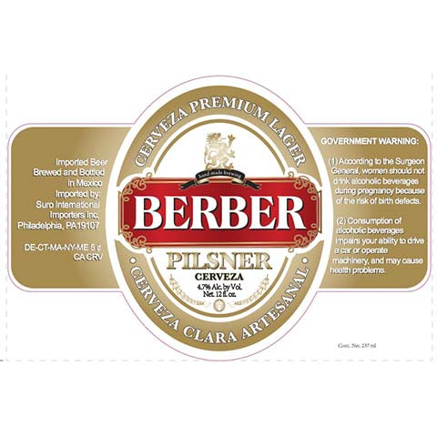 Berber Pilsner by Suro International Importers Inc., beer label