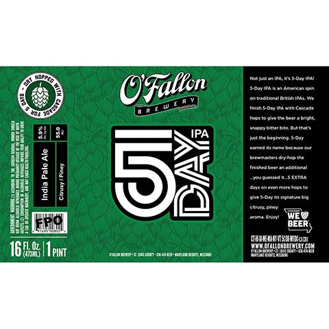 5 Day IPA by O'Fallon Brewery, beer label