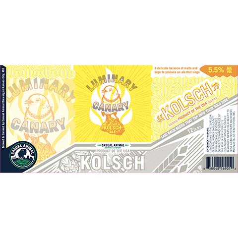 Casual Animal Luminary Canary Kolsch by Bushwood, beer label