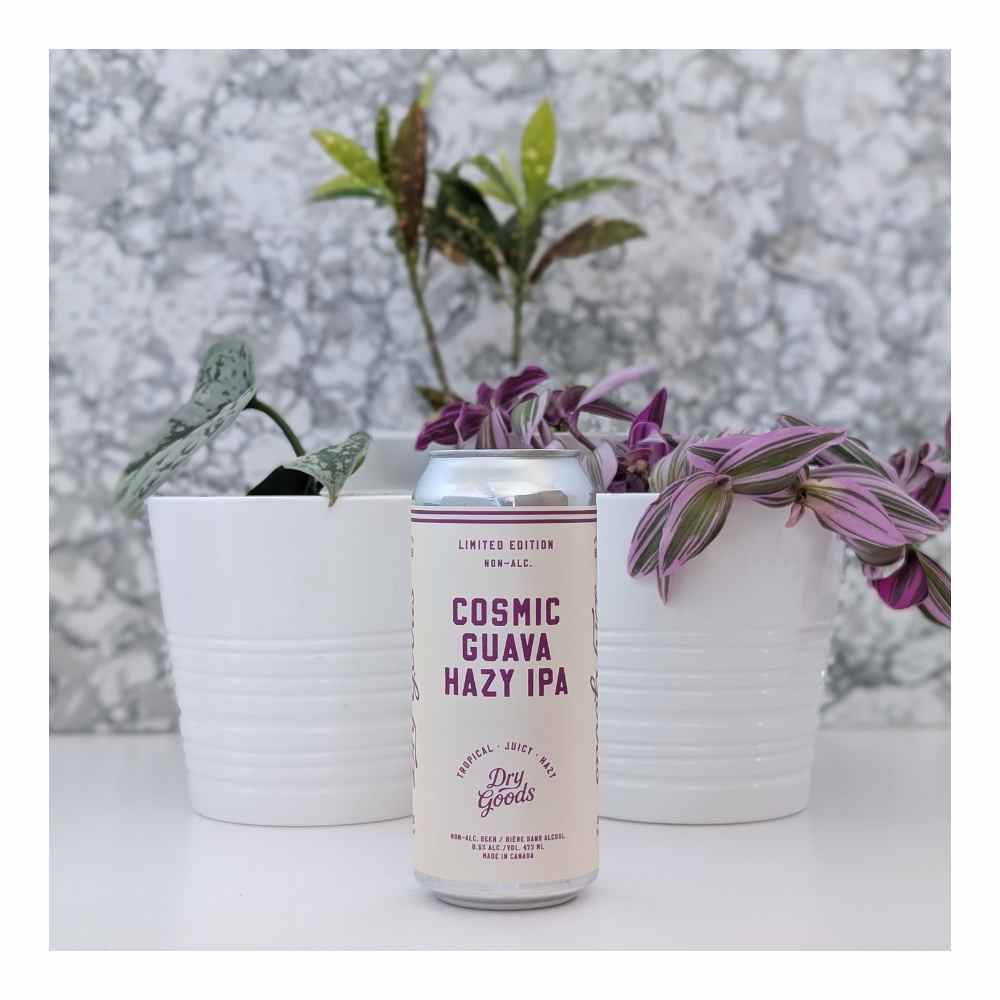 Cosmic Guava Hazy IPA by Dry Goods Non-Alcoholic Beer, beer label