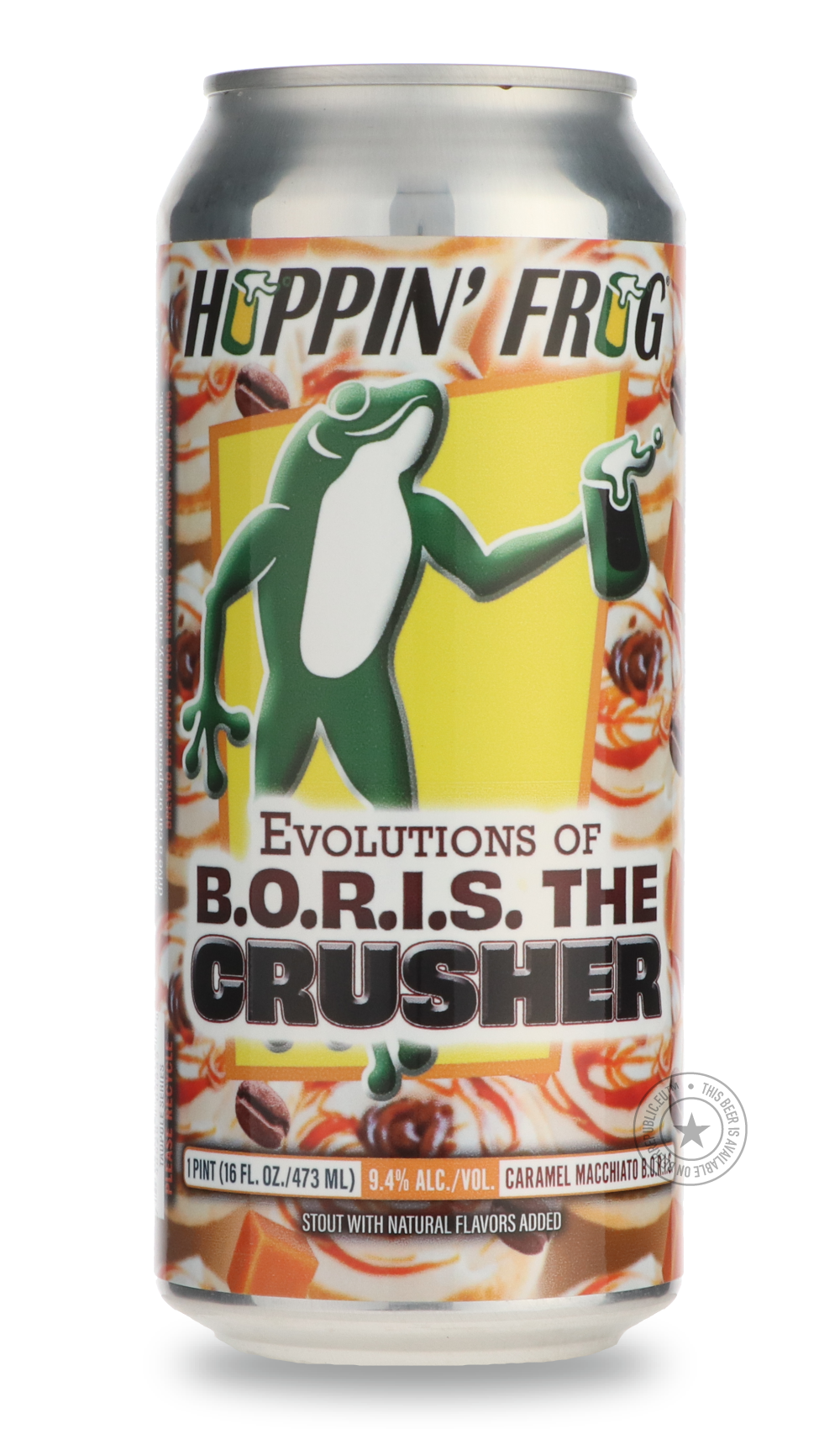 Evolutions of B.O.R.I.S. the Crusher Caramel Macchiato by Hoppin' Frog, beer label