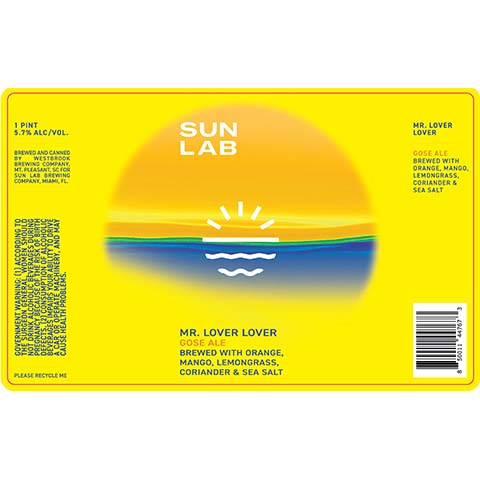 Sun Lab Mr. Lover Lover Gose by Westbrook Brewing Co, beer label