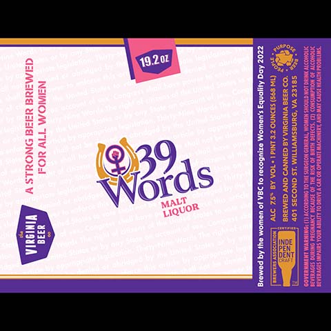 The Virginia Beer 39 Words Malt Liquor by The Virginia Beer Company, beer label