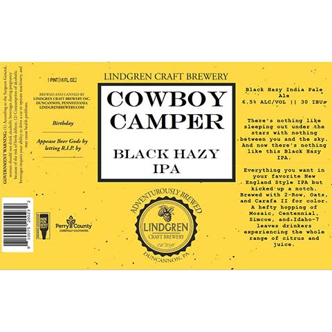 Lindgren Cowboy Camper Black Hazy IPA by Lindgren Craft Brewery Inc., beer label